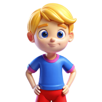 Smiling and confident cartoon character wearing a blue shirt and red pants. png