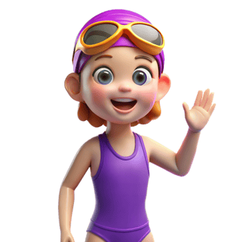 A cartoon girl wearing a purple swimsuit and goggles smiles and waves. png
