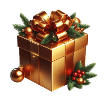 Christmas gold copper color gift box with ribbon amd green leaf png
