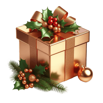 Christmas gold color gift box with ribbon ball and green leaf png
