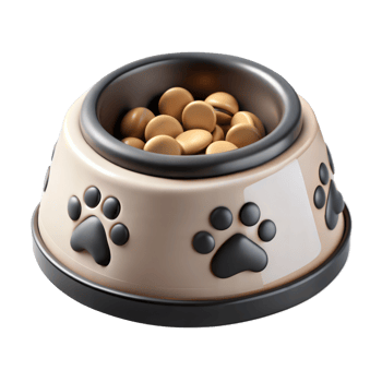 Tan Plastic Dog Food Bowl With Paw Print Design Filled With Kibble png