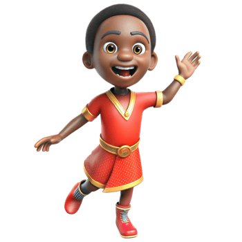 A cartoon black boy wearing a red dress and gold shoes. png