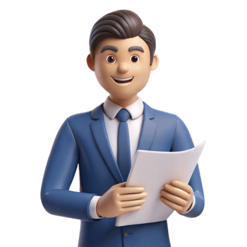 Smiling Businessman Character Reading Paper Document png