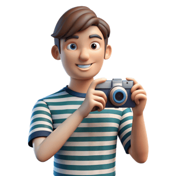Smiling Cartoon Boy Holding Camera in Striped Shirt png
