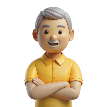 Smiling 3D Cartoon Senior Man With Crossed Arms Wearing a Yellow Polo Shirt png
