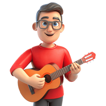 Animated 3D man with glasses playing guitar, smiling joyfully, on transparent background png