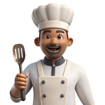 Animated 3D male chef in white uniform and hat, holding a spatula, smiling widely, on transparent background png