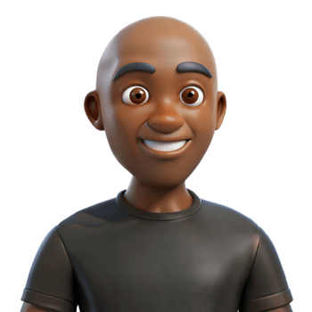 Animated 3D bald man with dark skin smiling warmly, wearing a black t-shirt, on transparent background png