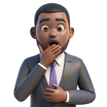 Animated 3D African-American man in business suit, looking surprised, hand to mouth, on transparent background png
