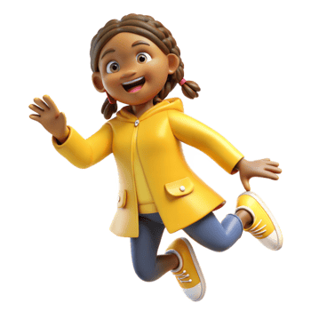 Animated 3D young girl in yellow raincoat jumping excitedly, on transparent background png