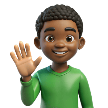 Animated 3D boy with curly hair in green shirt waving cheerfully, on transparent background png
