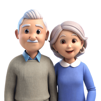 Animated 3D elderly couple smiling together, man in sweater and woman in blue dress, on transparent background png
