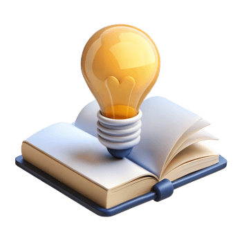 Animated 3D lightbulb resting on an open book, symbolizing ideas and knowledge, on transparent background png