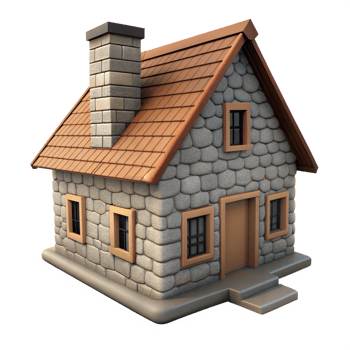 Animated 3D stone house with a chimney, isolated on transparent background png