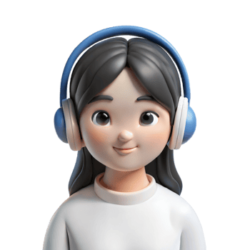 Animated 3D young girl with headphones and dark hair, smiling while listening to music, on transparent background png