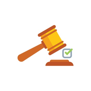 Judge's gavel striking sound block with green check mark symbol beside it vector