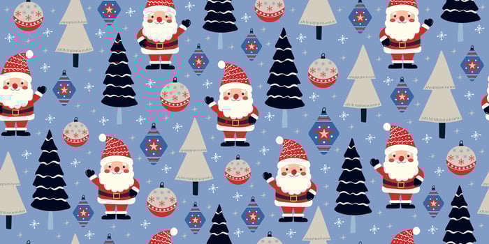 Christmas seamless background with Santa Claus, trees and toys. Festive winter print for fabric, packaging. vector