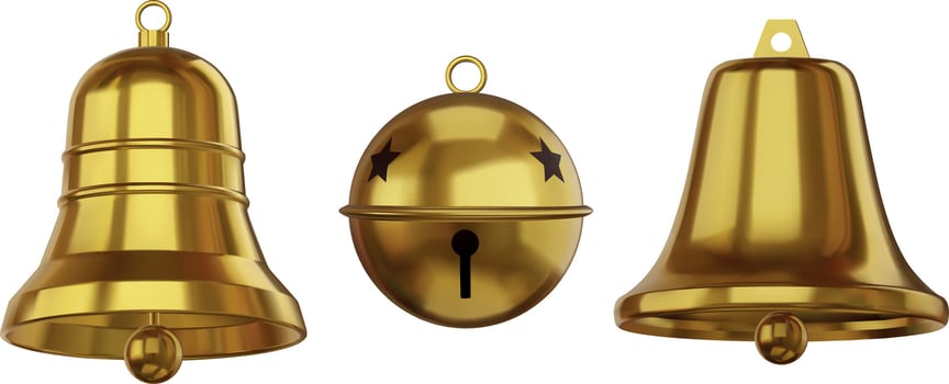 set of isolated golden bells. collection of 3d gold bell realistic illustration vector