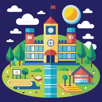 a picture of a school with a clock on the top of it illustration art vector