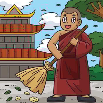 Buddhism Buddhist Monk Cleaning Colored Cartoon vector