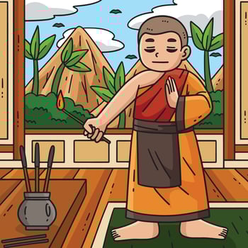 Buddhism Monk Lighting Prayer Incense Colored vector