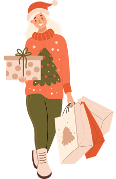 Christmas Shopping. Blonde girl in sweater and Santa hat with holiday gifts png