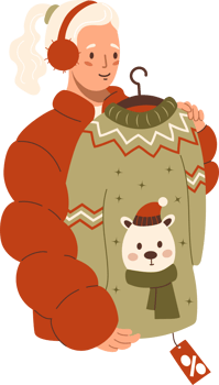 New year Shopping girl with funny Christmas sweater png