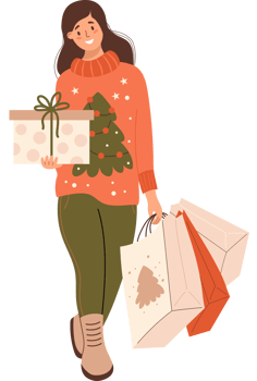 Christmas Shopping and seasonal sale . Girl in sweater and holiday packages and gift box png