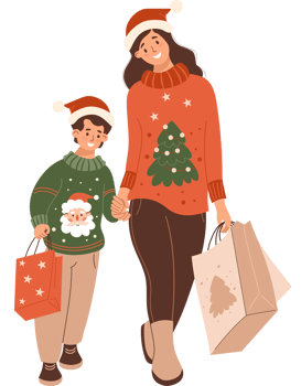 Shopping. Mom and son in Christmas sweaters and Santa hat with holiday package and gifts png