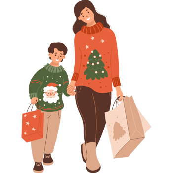 Christmas Shopping. Mom and son in holiday sweaters with packages and gifts png