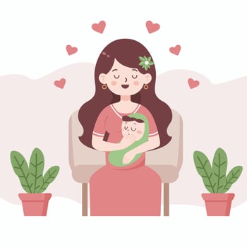 Happy new mother holds her infant baby in her arms sitting on the chair. Illustration of motherhood and care about kids vector