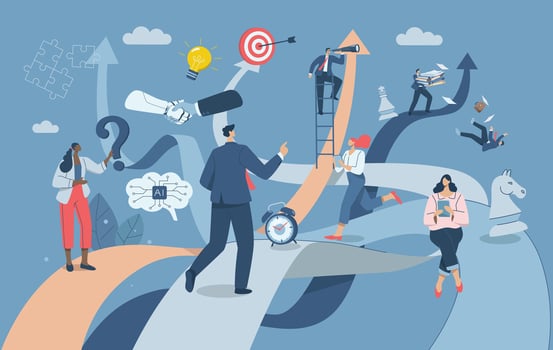 Team building, Business organization, Competition of skills or abilities to succeed in a career, The path of opportunity or the pursuit of success, Corporate project management. illustration. vector