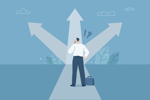 Business decisions or choices, Finding the right direction, Business opportunities or paths to success, Using vision to decide the path ahead, Businessman are choosing a business path. design. vector