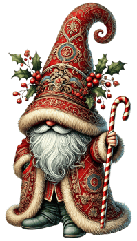 Festive Santa Claus in ornate red attire with candy cane png