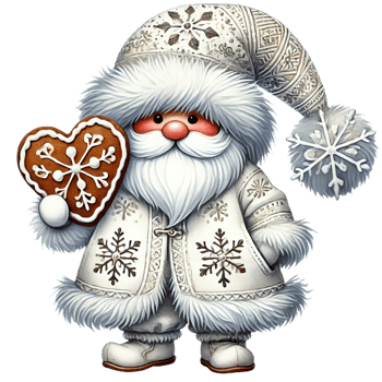 Festive Santa Claus holding gingerbread cookie, dressed in white winter attire png