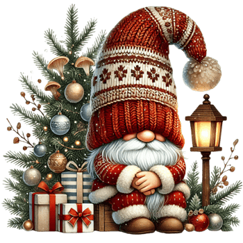 Cozy Santa with large knitted hat sits by decorated Christmas tree png