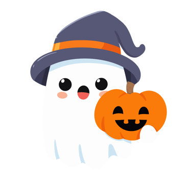 Happy cute smiling ghost wearing witch hat hold Halloween pumpkin png