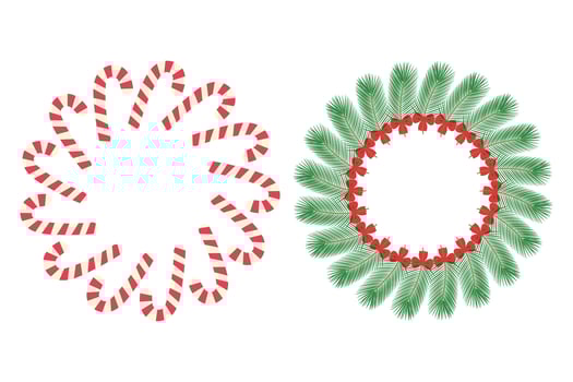 Candy cane and pine twigs with bow ribbon. Circle Frame border Copyspace. Card or lettering template. Isolated illustration Inscriptions, greetings or invitation, poster, banner or web, promo vector