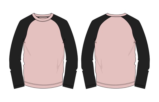Two tone color raglan Long Sleeve T shirt Technical drawing fashion flats template front and back views vector