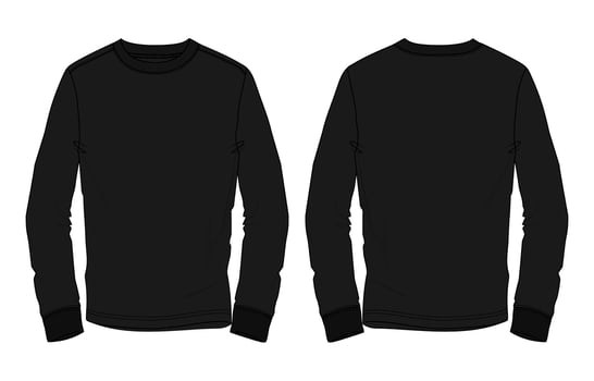 Long Sleeve t shirt Technical drawing fashion flats black color template front and back views vector