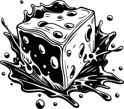 A black and white drawing of a dice with splashes vector