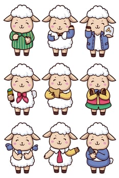 Cute sheep characters in different poses vector