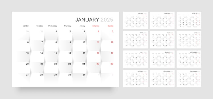 2025 Monthly calendar template. Diary planner in a minimalist style. Week Starts on Monday. vector