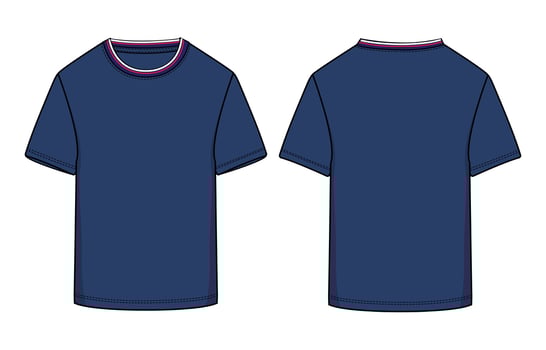 Blue color t shirt front and back with white and red color stripes on neck isolated on white background vector