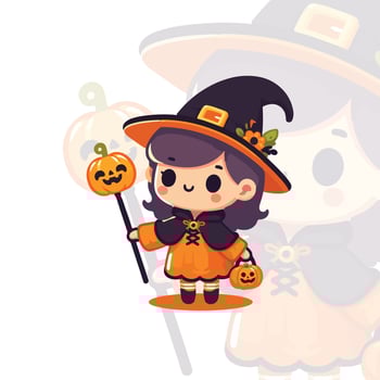 Chibi Pumpkin Witch Holding a Wand vector