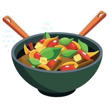 A bowl of food with two chopsticks and a fork vector