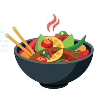 A bowl of food with chopsticks and vegetables vector