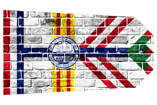Flag of the city of Tampa, Florida, USA, on a background of a brick wall. Conceptual collage. png
