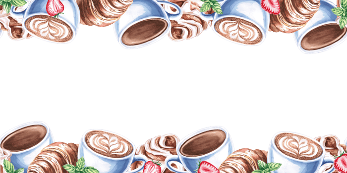 Frame with cups of cappuccino, americano, croissant, strawberry, mint, cinnamon bun. Hand drawn watercolor drawing on the theme of cafe, baking, for cookbooks, magazines, printing on fabric. png
