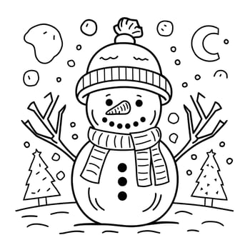A coloring page with a snowman in a hat and scarf vector